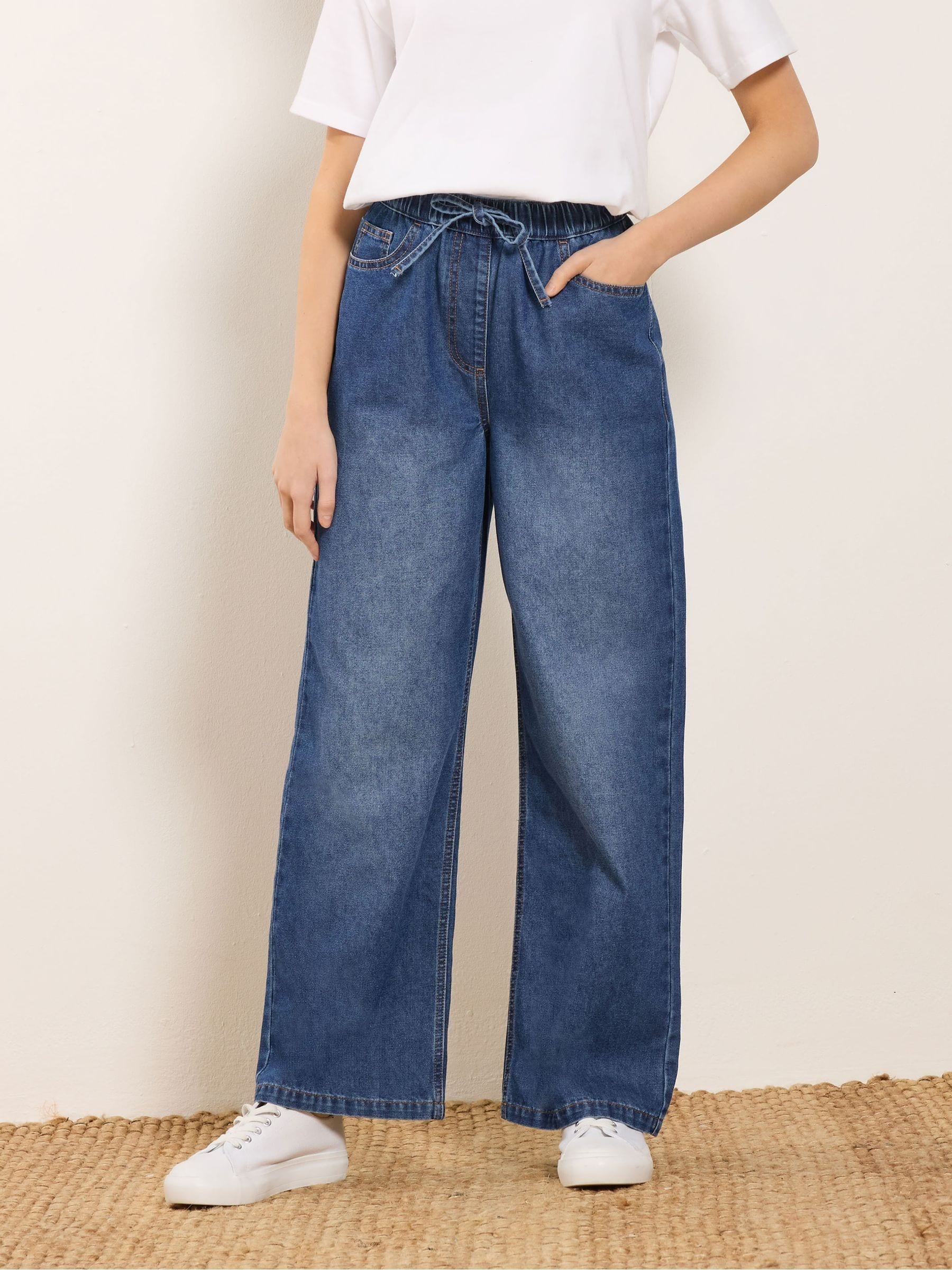 M & Co Women's Blue Pull On Wide Leg Jeans