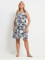 Yours Curve Blue Palm Leaf Mini Dress - Image 1 of 5