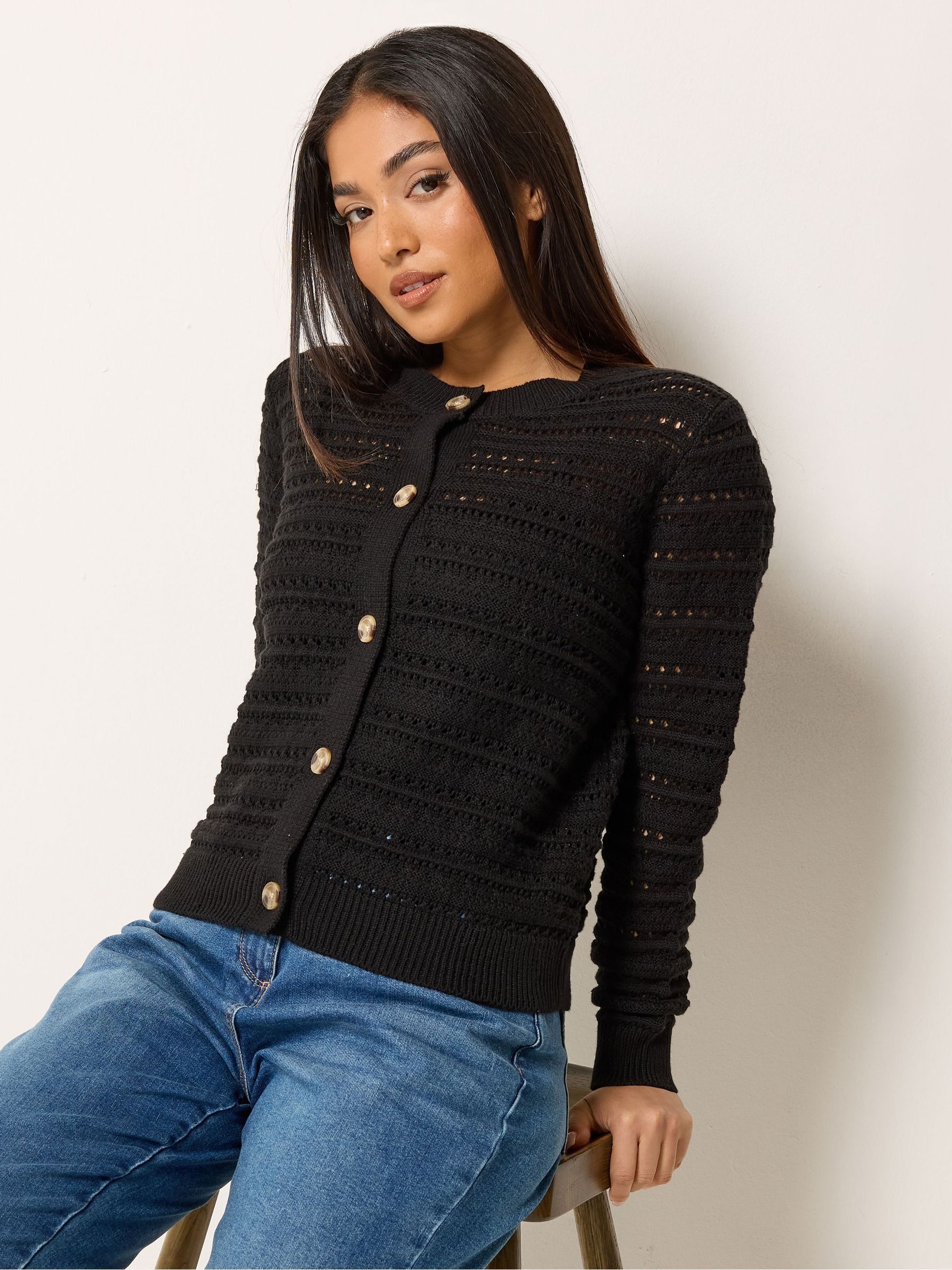 Buy M&Co Black Petite Crewneck Crochet Cardigan from the Next UK