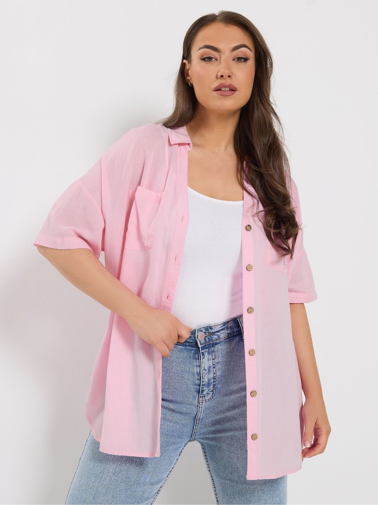 Yours Curve Pink Short Sleeve Linen Shirt - Image 1 of 6