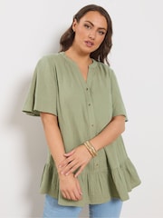 Yours Curve Green Cheesecloth Button Through Top - Image 1 of 5