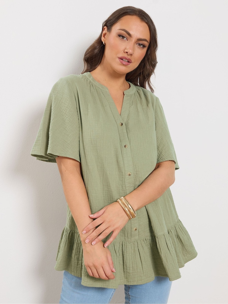 Yours Curve Green Cheesecloth Button Through Top - Image 1 of 5 Yours Curve Green Cheesecloth Button Through Top - Image 1 of 5