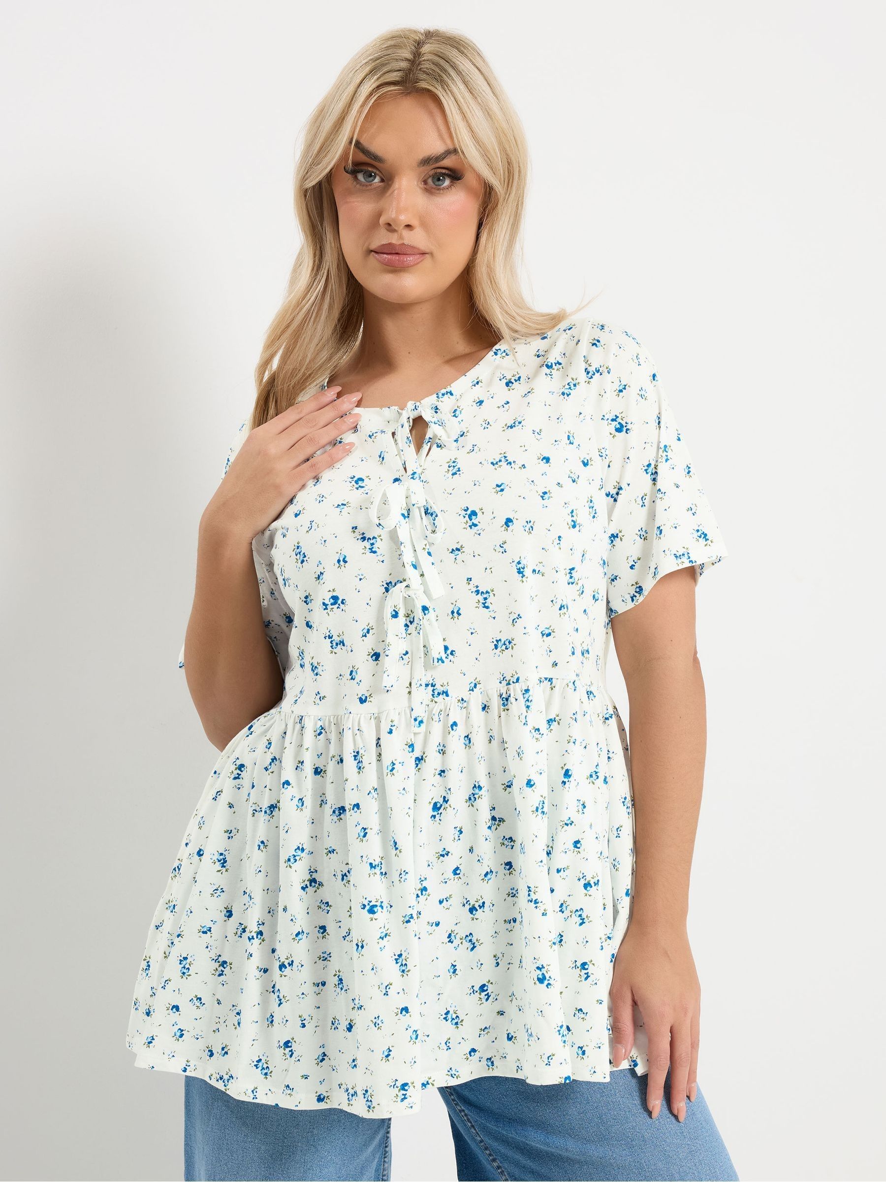 Yours Curve Women's Cream Bow Tie Front Peplum Top - Image 1