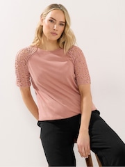 Long Tall Sally Pink Crochet Raglan Sleeve T-Shirt - Image 1 of 5
