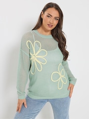 Yours Curve Blue Flower Detail Knitted Jumper - Image 1 of 5
