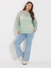 Yours Curve Blue Flower Detail Knitted Jumper - Image 2 of 5