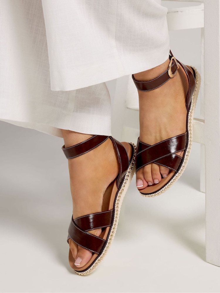 Yours Curve Brown Extra Wide Fit EEE Cross Over Strap Sandals - Image 1 of 5