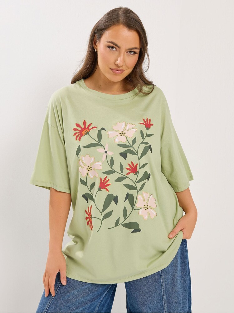 Yours Curve Green Floral Graphic T-Shirt - Image 1 of 5