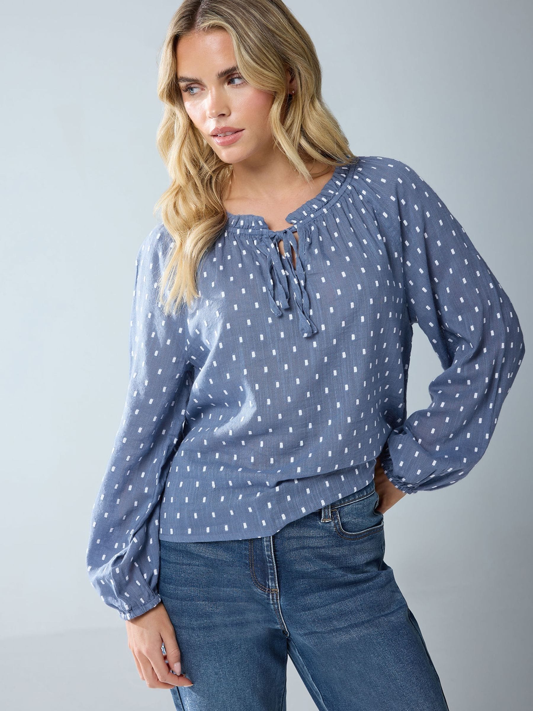 M & Co Women's Blue Petite Long Sleeve Dobby Boho Blouse