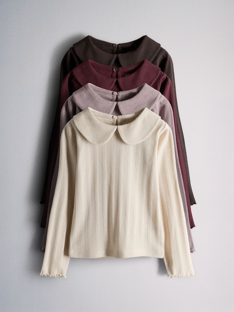 The Set 4 Pack Long Sleeve Collared Pointelle Tops Cream/Purple/Red - Image 1 of 7 The Set 4 Pack Long Sleeve Collared Pointelle Tops Cream/Purple/Red - Image 1 of 7