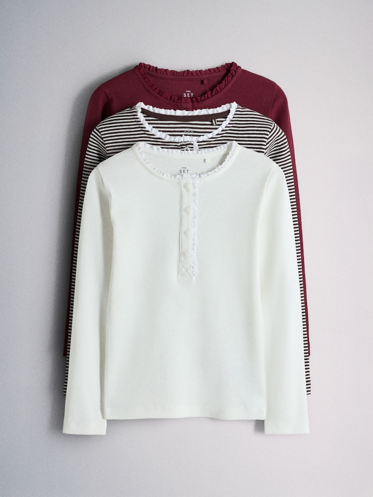Burgundy Red/Cream/Chocolate Brown Stripe - The Set na Long Sleeve Lace Trim Rib Jersey Henley T-Shirt - Larawan 1 ng 6 Burgundy Red/Cream/Chocolate Brown Stripe - The Set na Long Sleeve Lace Trim Rib Jersey Henley T-Shirt - Larawan 1 ng 6