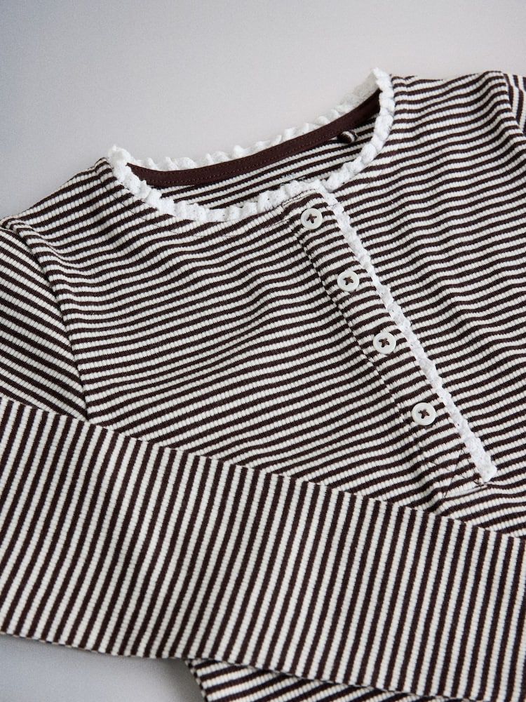 Burgundy Red/Cream/Chocolate Brown Stripe - The Set na Long Sleeve Lace Trim Rib Jersey Henley T-Shirt - Larawan 6 ng 6 Burgundy Red/Cream/Chocolate Brown Stripe - The Set na Long Sleeve Lace Trim Rib Jersey Henley T-Shirt - Larawan 6 ng 6