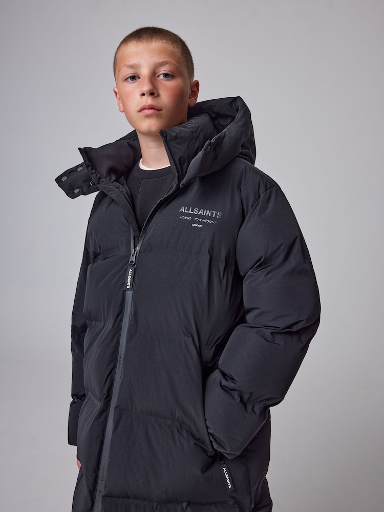 smALLSAINTS Black Longline Underground Logo Padded Coat - Image 1 of 7 smALLSAINTS Black Longline Underground Logo Padded Coat - Image 1 of 7