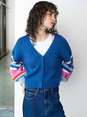 French Connection Blue Monroe Block Coloured Sleeve Cardigan - Image 1 of 6
