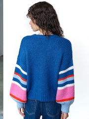 French Connection Blue Monroe Block Coloured Sleeve Cardigan - Image 2 of 6