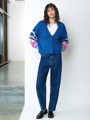 French Connection Blue Monroe Block Coloured Sleeve Cardigan - Image 3 of 6