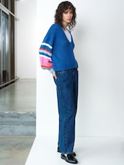 French Connection Blue Monroe Block Coloured Sleeve Cardigan - Image 4 of 6