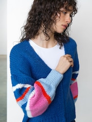 French Connection Blue Monroe Block Coloured Sleeve Cardigan - Image 5 of 6