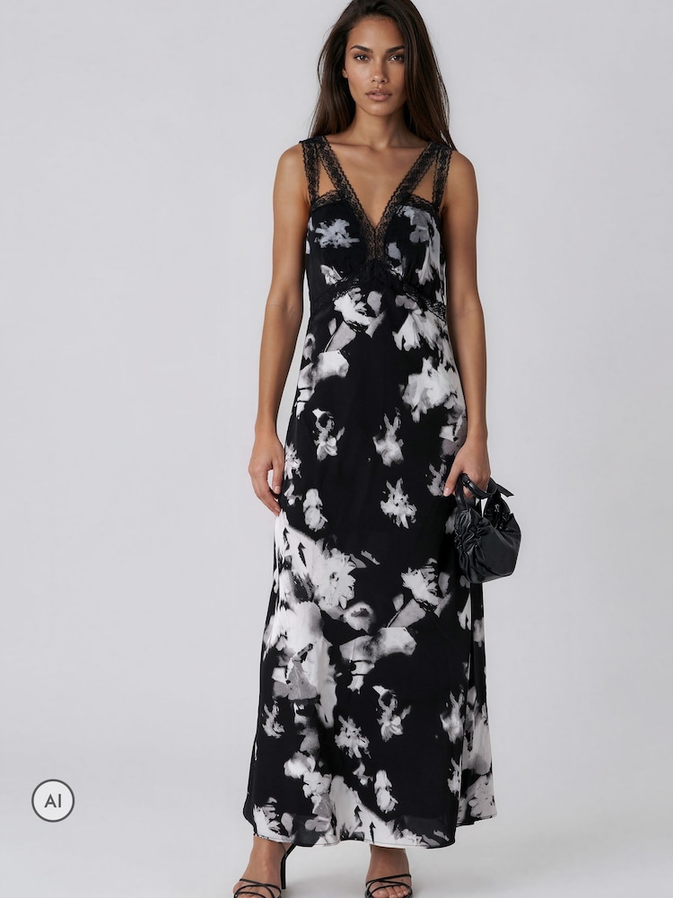 Religion Black Zia Maxi Occasion Dress In Monochrome Blossom Floral Print With Lace Trim - Image 7 of 7 Religion Black Zia Maxi Occasion Dress In Monochrome Blossom Floral Print With Lace Trim - Image 7 of 7