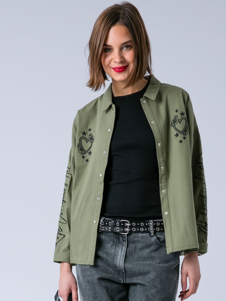 Religion Green Alice Work Wear Casual Shirt Jacket With Embroidery Artwork - Image 1 of 8 Religion Green Alice Work Wear Casual Shirt Jacket With Embroidery Artwork - Image 1 of 8