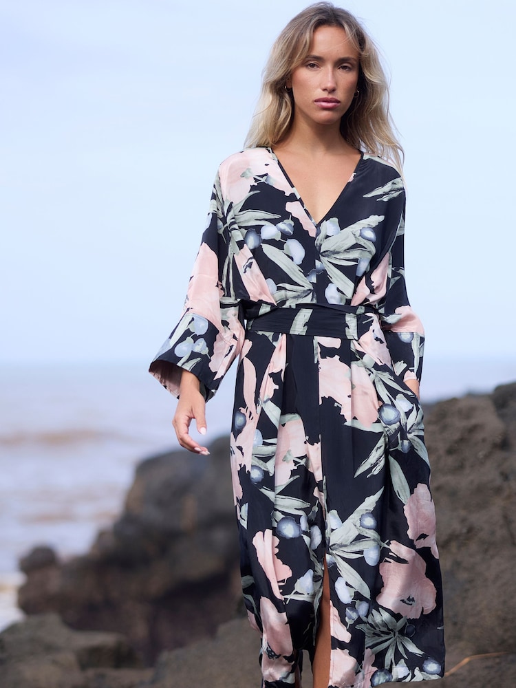 Religion Black Ashes Fioana Kaftan Midi Maxi Tunic Occasion Dress With All Over Floral Print - Image 1 of 8