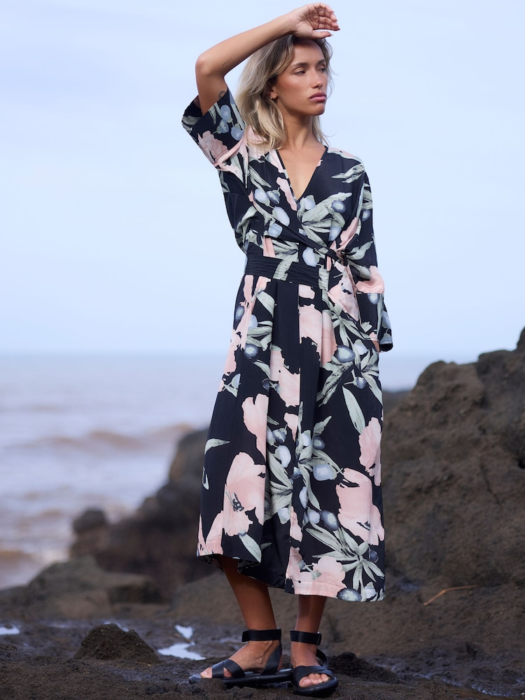 Religion Black Ashes Fioana Kaftan Midi Maxi Tunic Occasion Dress With All Over Floral Print - Image 2 of 8