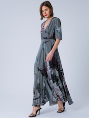 Religion Grey Short Sleeved Diana Maxi Tea Dress With Large Rose Placement Print In Cupro - Image 1 of 7