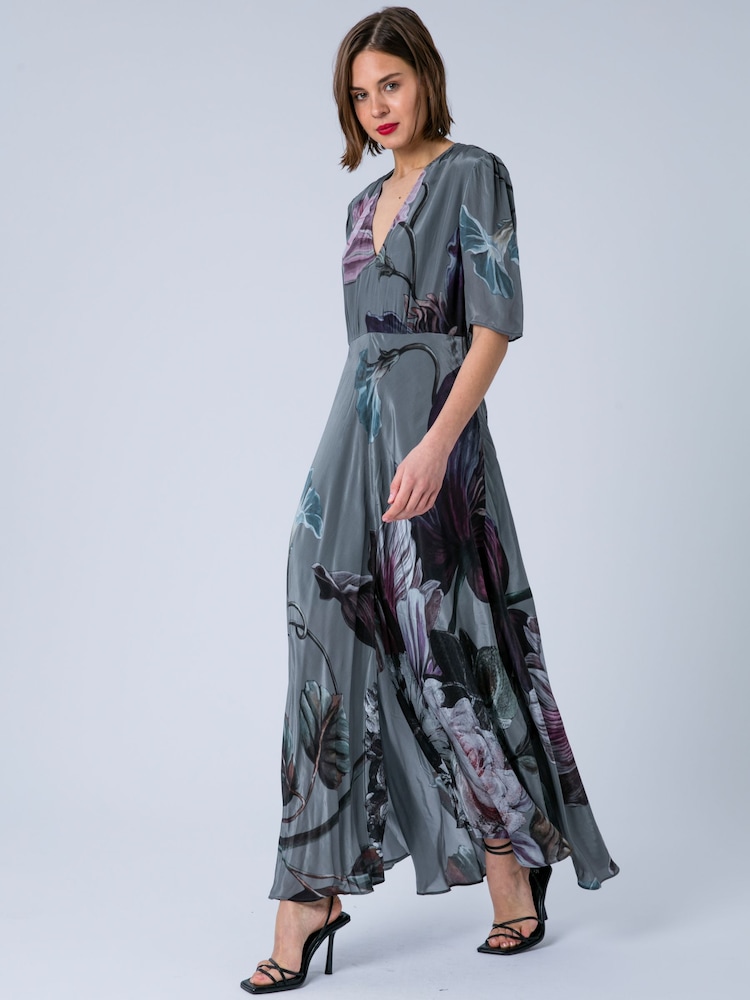 Religion Grey Short Sleeved Diana Maxi Tea Dress With Large Rose Placement Print In Cupro - Image 1 of 7