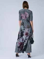 Religion Grey Short Sleeved Diana Maxi Tea Dress With Large Rose Placement Print In Cupro - Image 2 of 7