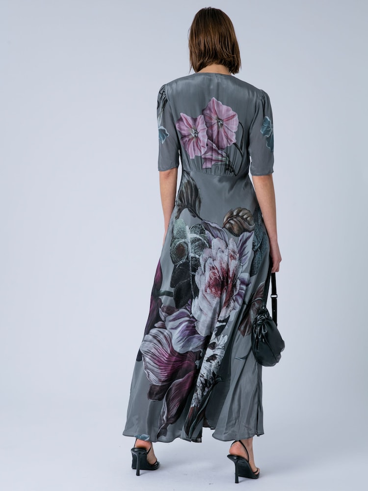 Religion Grey Short Sleeved Diana Maxi Tea Dress With Large Rose Placement Print In Cupro - Image 2 of 7
