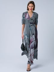 Religion Grey Short Sleeved Diana Maxi Tea Dress With Large Rose Placement Print In Cupro - Image 3 of 7