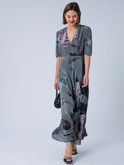 Religion Grey Short Sleeved Diana Maxi Tea Dress With Large Rose Placement Print In Cupro - Image 4 of 7