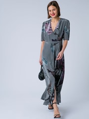 Religion Grey Short Sleeved Diana Maxi Tea Dress With Large Rose Placement Print In Cupro - Image 5 of 7