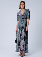 Religion Grey Short Sleeved Diana Maxi Tea Dress With Large Rose Placement Print In Cupro - Image 6 of 7