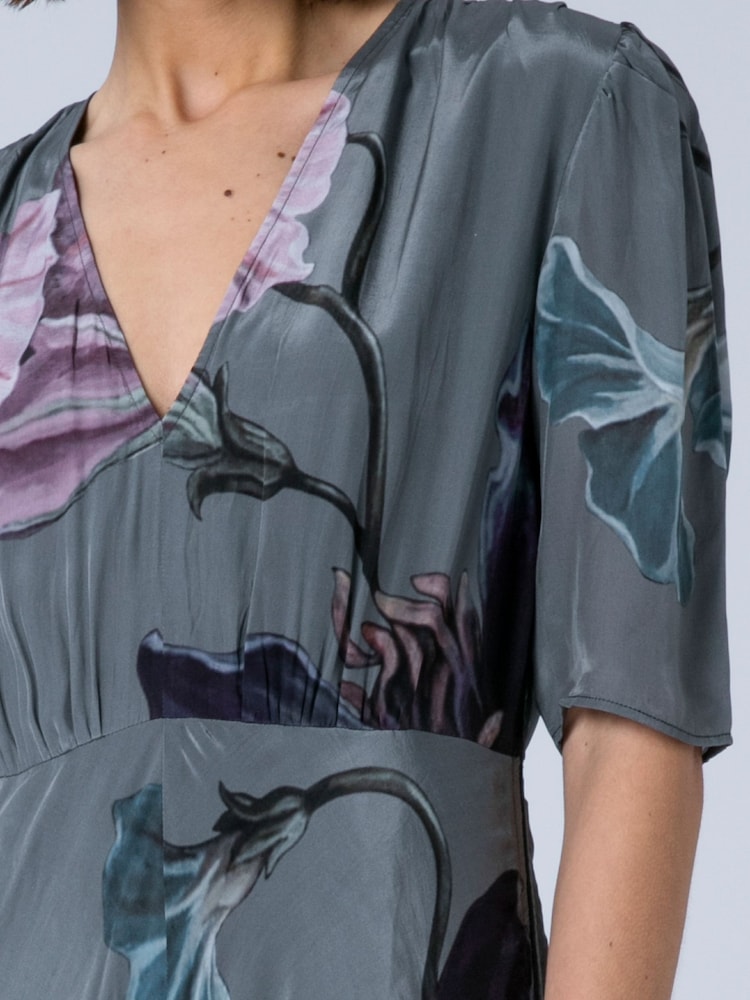 Religion Grey Short Sleeved Diana Maxi Tea Dress With Large Rose Placement Print In Cupro - Image 7 of 7