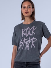 Religion Grey Rosie Short Sleeved Knitted Top With Rock Star Entarsia - Image 1 of 8