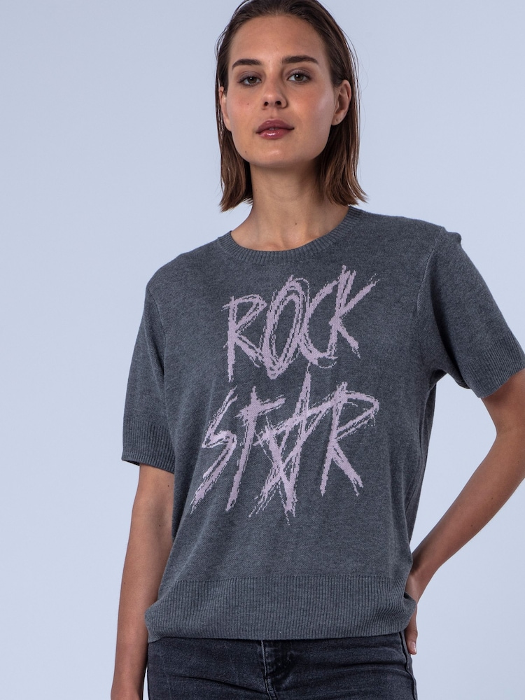 Religion Grey Rosie Short Sleeved Knitted Top With Rock Star Entarsia - Image 1 of 8