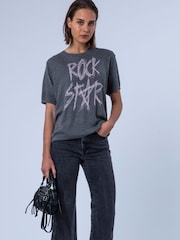 Religion Grey Rosie Short Sleeved Knitted Top With Rock Star Entarsia - Image 3 of 8