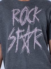 Religion Grey Rosie Short Sleeved Knitted Top With Rock Star Entarsia - Image 8 of 8