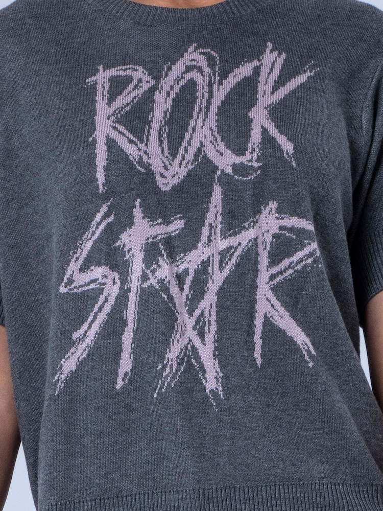 Religion Grey Rosie Short Sleeved Knitted Top With Rock Star Entarsia - Image 8 of 8