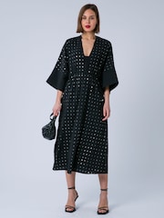 Religion Black Long Line Helena Kaftan Occasion Dress with All Over Sequin Pattern and Tassle Tie Waist Band - Image 1 of 8