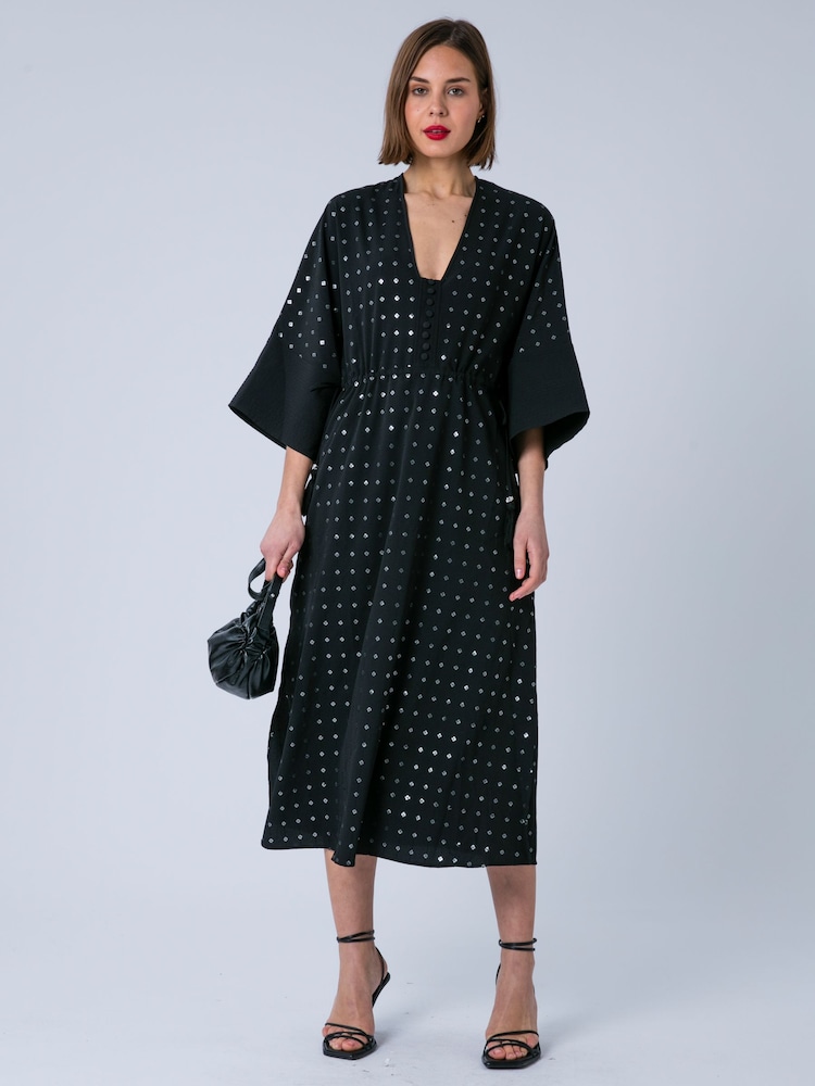 Religion Black Long Line Helena Kaftan Occasion Dress with All Over Sequin Pattern and Tassle Tie Waist Band - Image 1 of 8