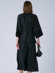 Religion Black Long Line Helena Kaftan Occasion Dress with All Over Sequin Pattern and Tassle Tie Waist Band - Image 2 of 8