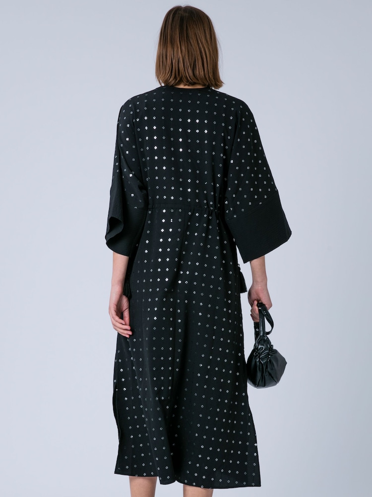 Religion Black Long Line Helena Kaftan Occasion Dress with All Over Sequin Pattern and Tassle Tie Waist Band - Image 2 of 8