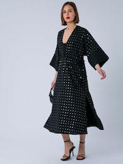 Religion Black Long Line Helena Kaftan Occasion Dress with All Over Sequin Pattern and Tassle Tie Waist Band - Image 3 of 8