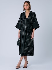 Religion Black Long Line Helena Kaftan Occasion Dress with All Over Sequin Pattern and Tassle Tie Waist Band - Image 5 of 8