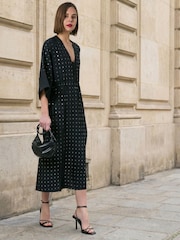 Religion Black Long Line Helena Kaftan Occasion Dress with All Over Sequin Pattern and Tassle Tie Waist Band - Image 8 of 8