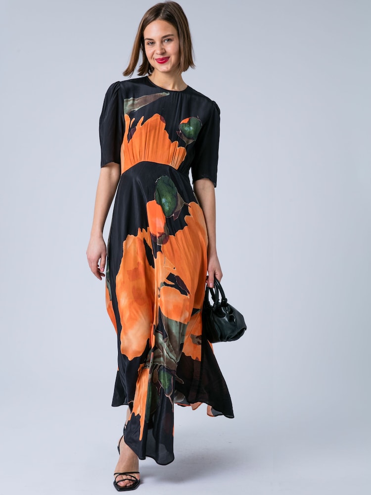 orange floral tea dress Womens Religion Orange Sienna Maxi Occasion Tea Dress With Cute Sleeves US 14