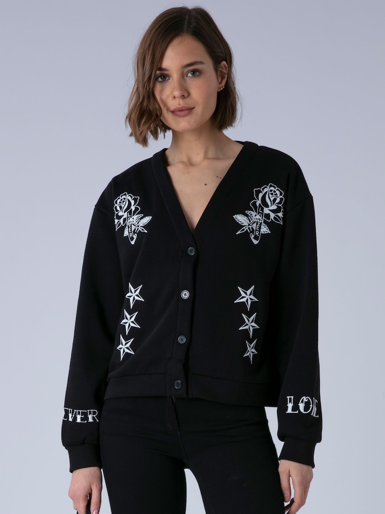 Religion Black Love Button Sweatshirt Cardigan With Contrast Embroidery - Image 1 of 7