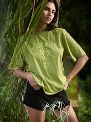 Religion Lime Green Boxy T-Shirt In Overdyed Lime With No Sun No Fun Embroidery - Image 1 of 6